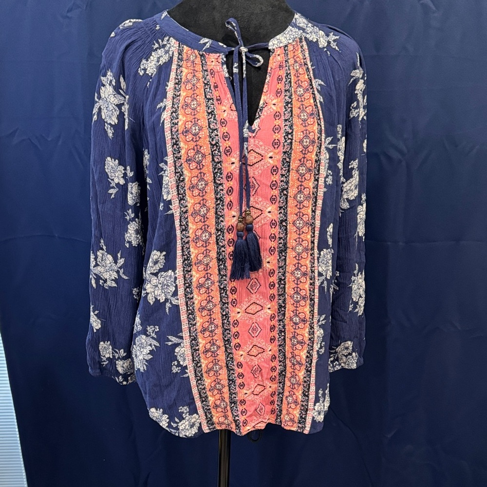 Navy and Coral Floral Boho Blouse